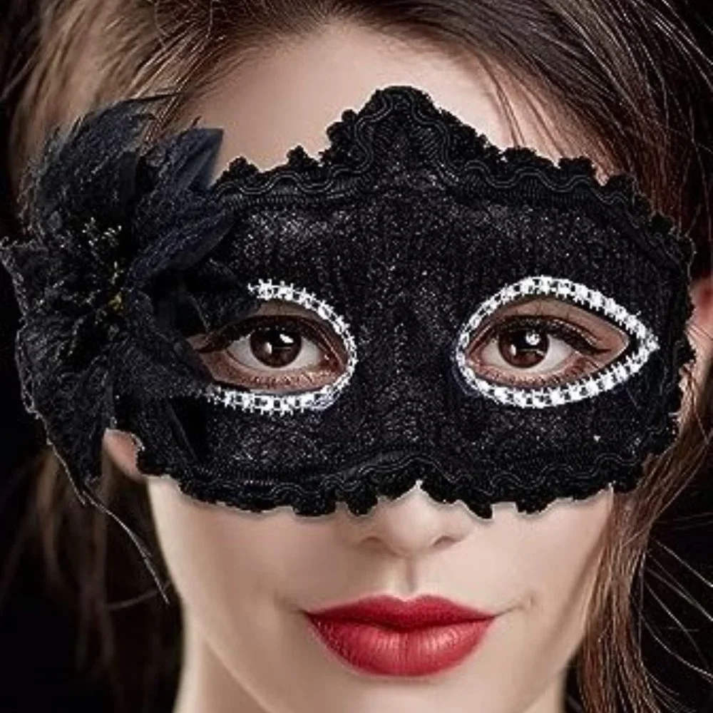 MASK Masquerade Venetian Mask Lace Black Flower Black Feathers Bling Halloween